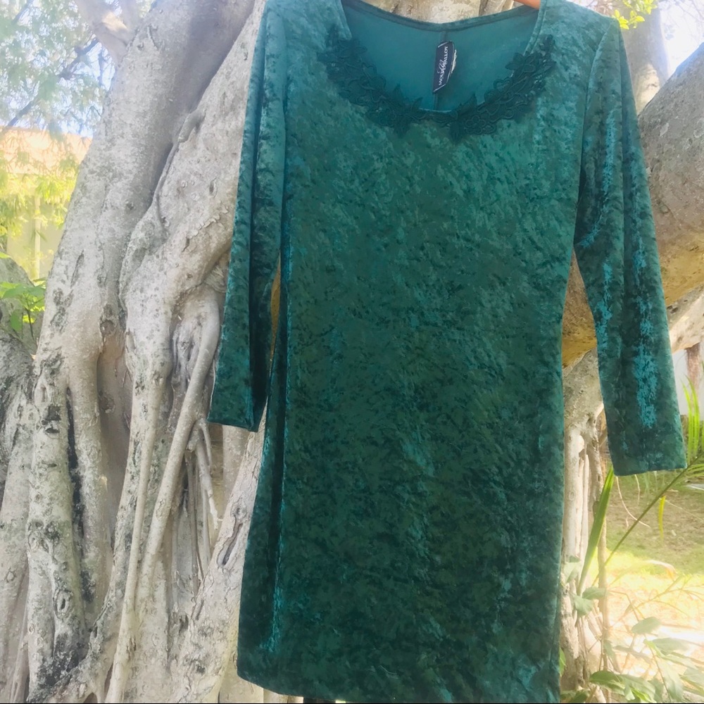 Vintage Retro 90’s Crushed Velvet Emerald Dress - Picture 3 of 6